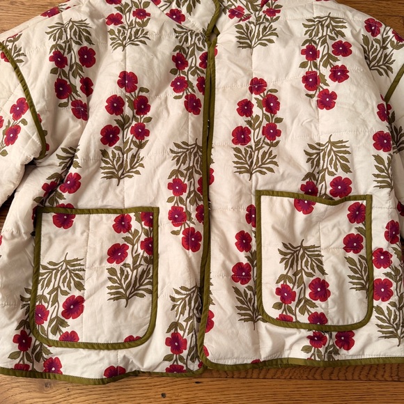 ANTHROPOLOGIE Cream Quilted Jacket with Pink Floral Print and Olive Trim - Picture 2 of 6